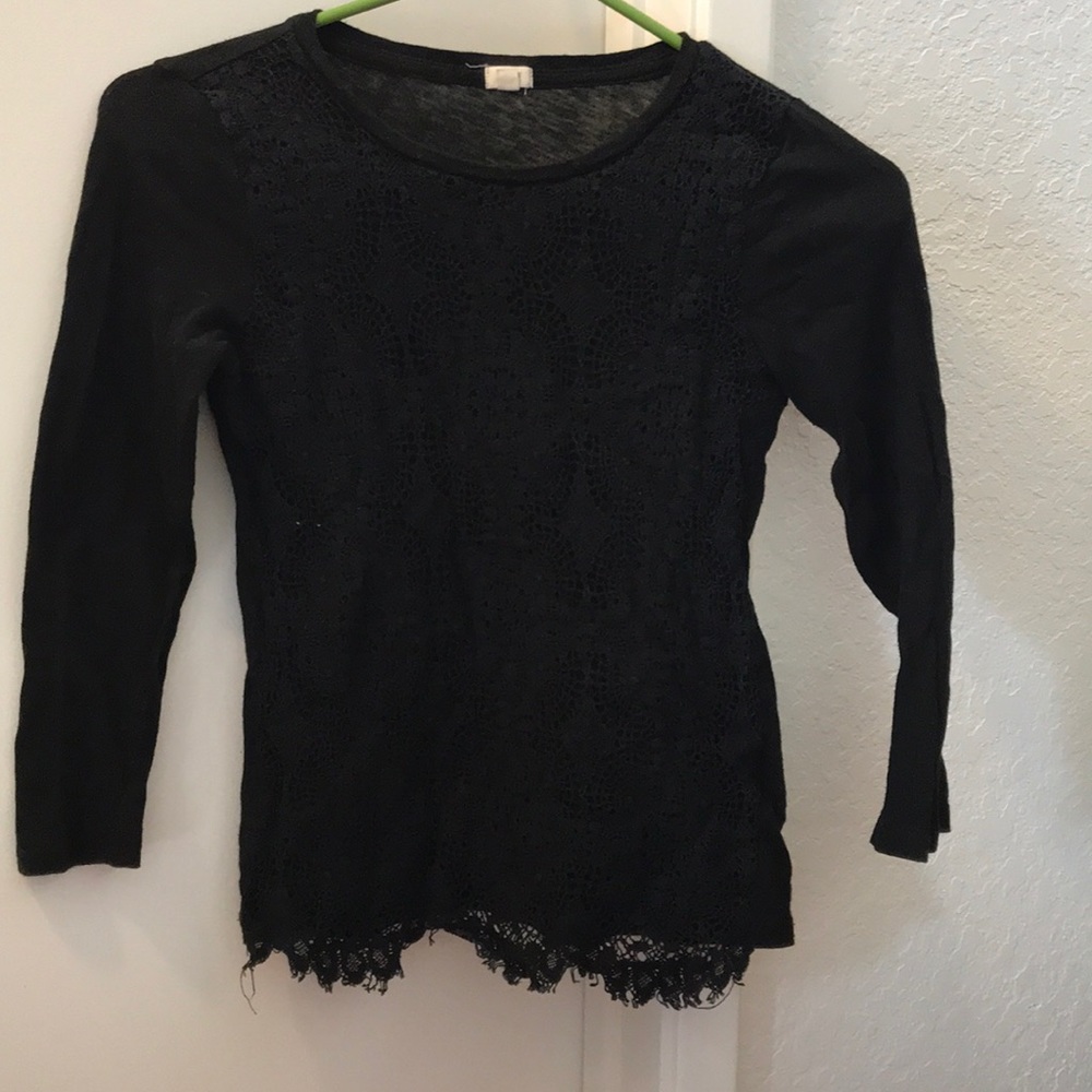 J. Crew black 3/4 sleeve top with lace front